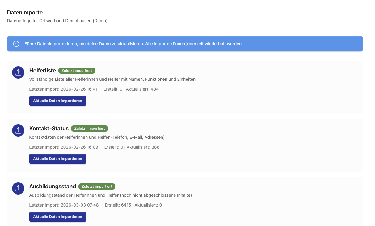 Liste verfügbarer Datenimporte