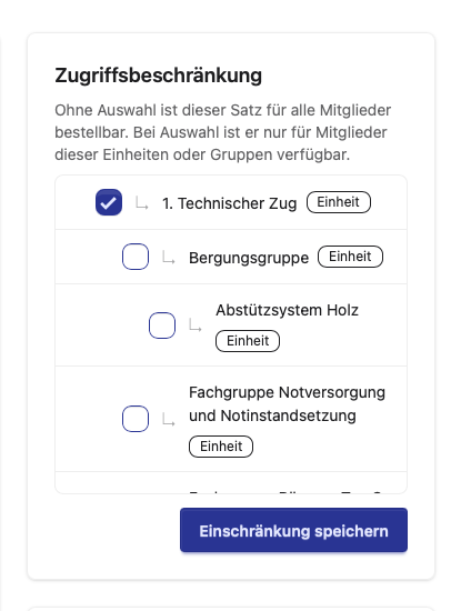 Screenshot der **Zugriffsbeschränkung** mit Einheiten und Gruppen