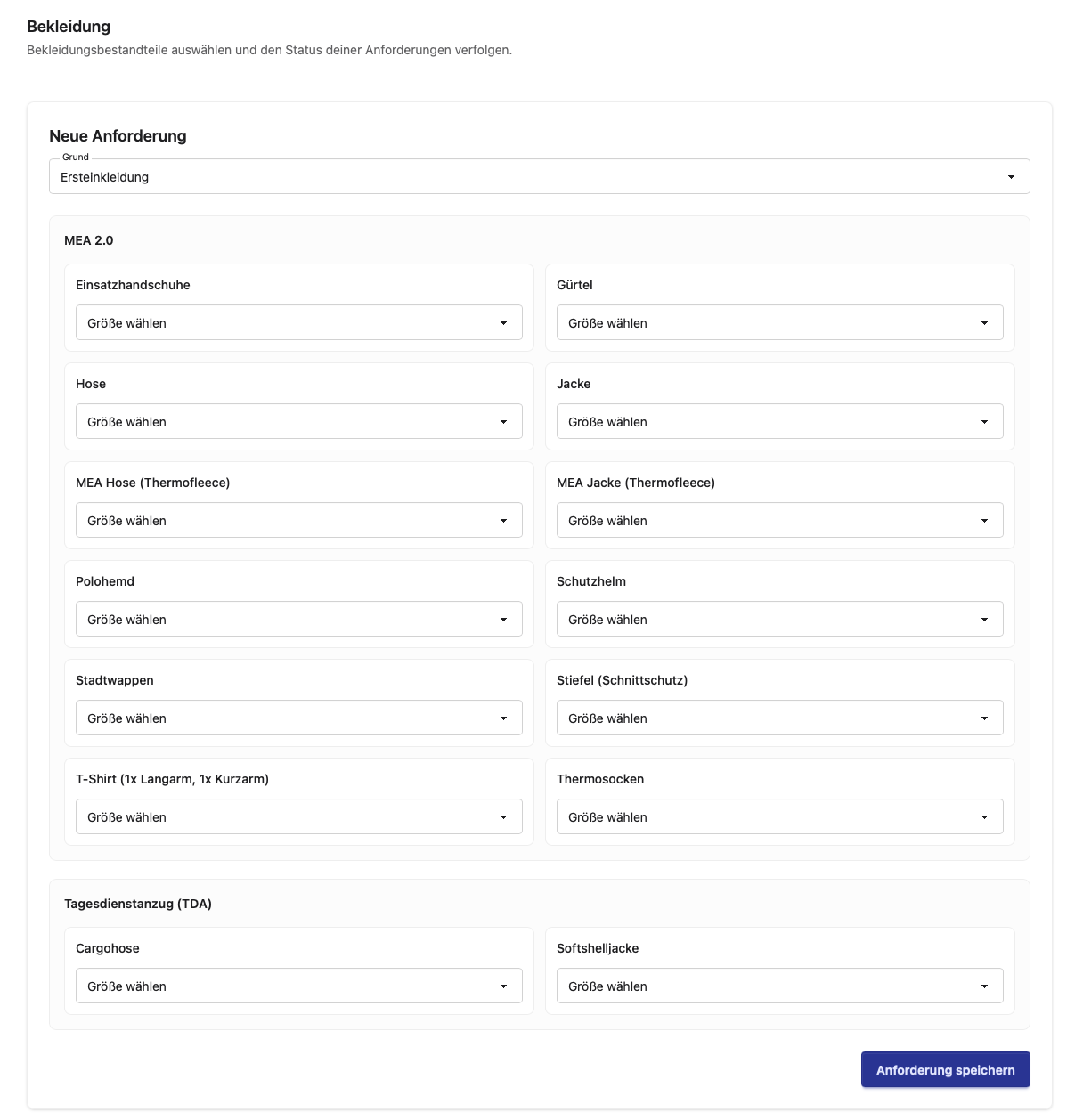 Screenshot der Seite **Bekleidung**