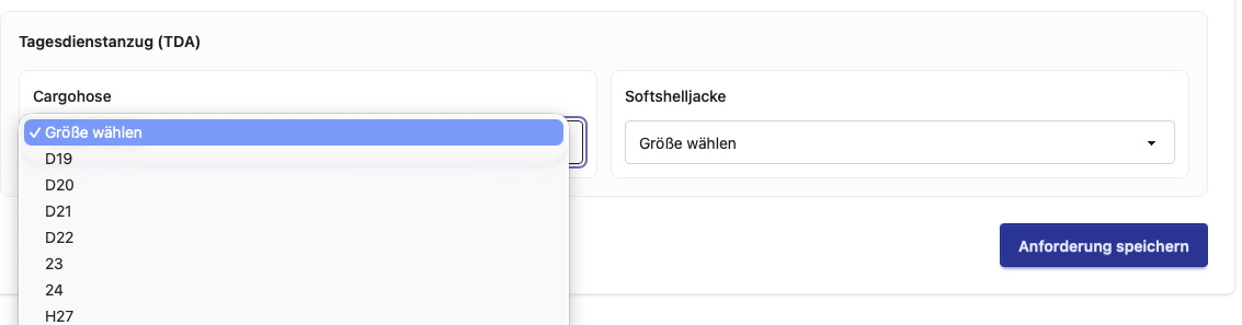 Screenshot des Formulars **Neue Anforderung** mit Satz- und Größenauswahl