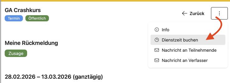 Kalender: Dienstzeit buchen