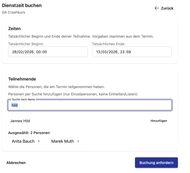 Kalender: Dienstzeit buchen
